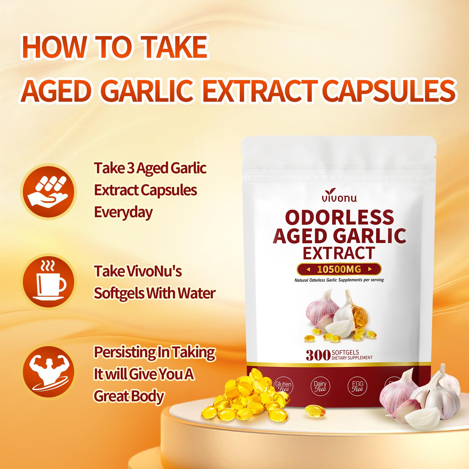 VivoNu daily dosage scene showing three softgels for convenient regimen.
