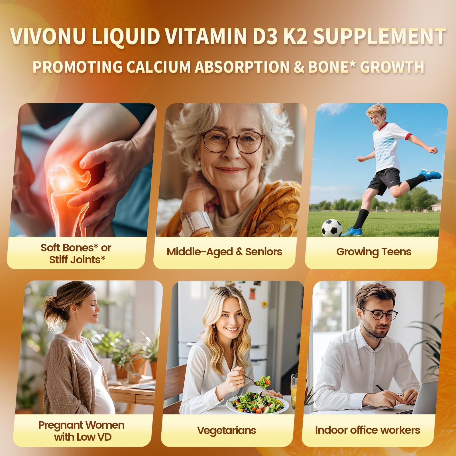 Bone health emphasis with calcium and magnesium icons alongside VivoNu drops.