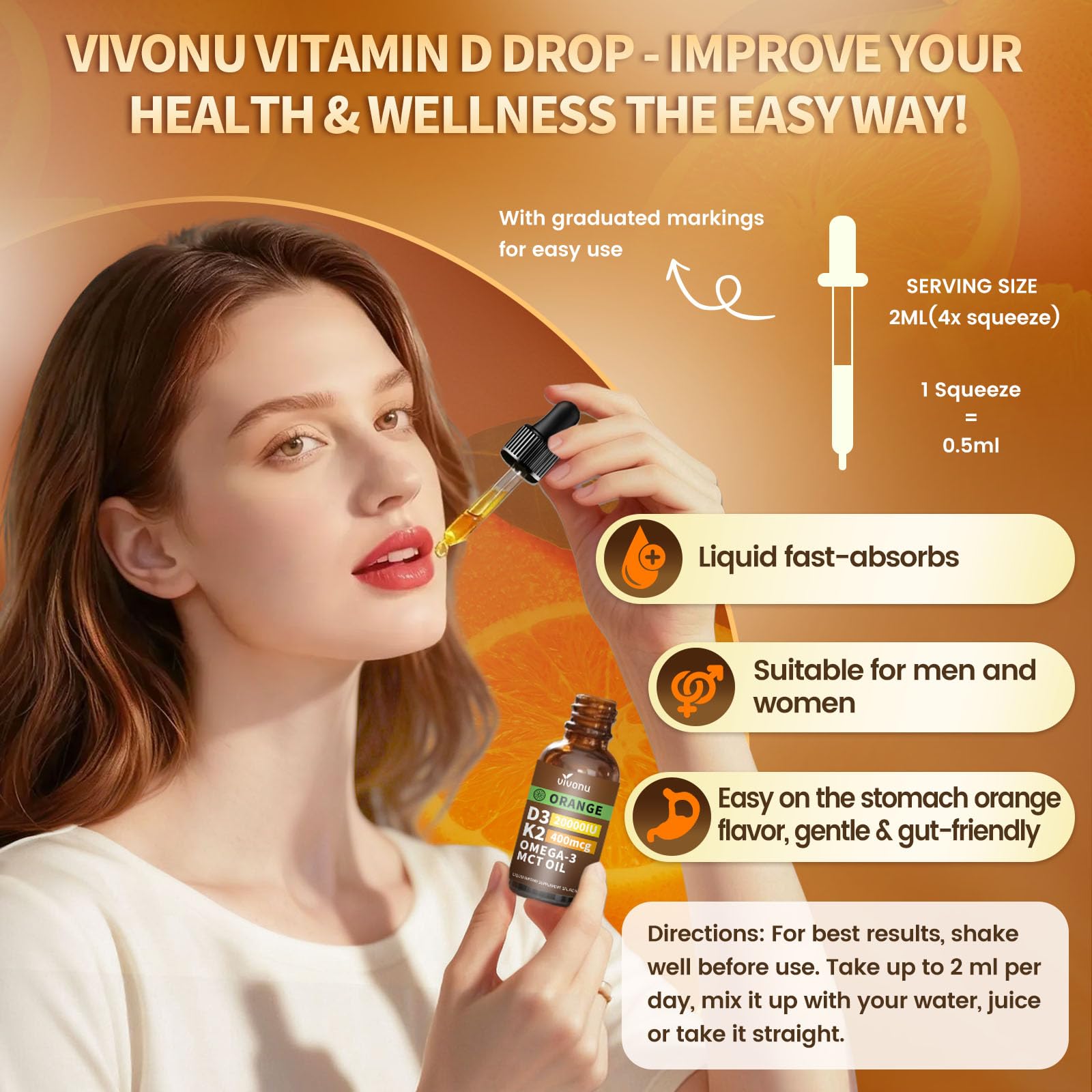 Liquid format in glass bottle highlighting easy dosing and absorption.