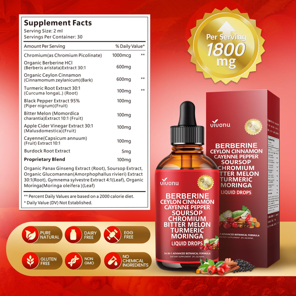 VivoNu glucomannan gymnema drops close-up showcases key ingredients.