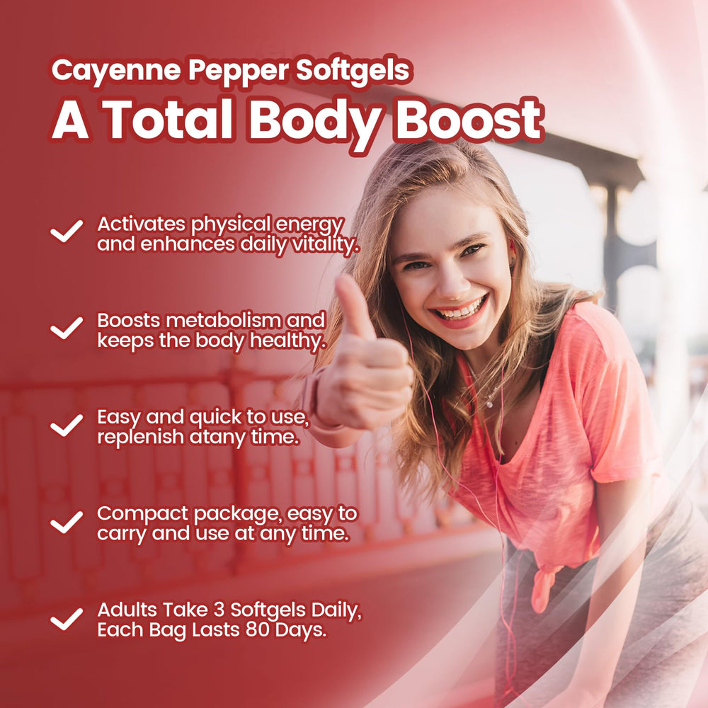 Herbal blend ingredients on packaging emphasize cayenne pepper advantages.