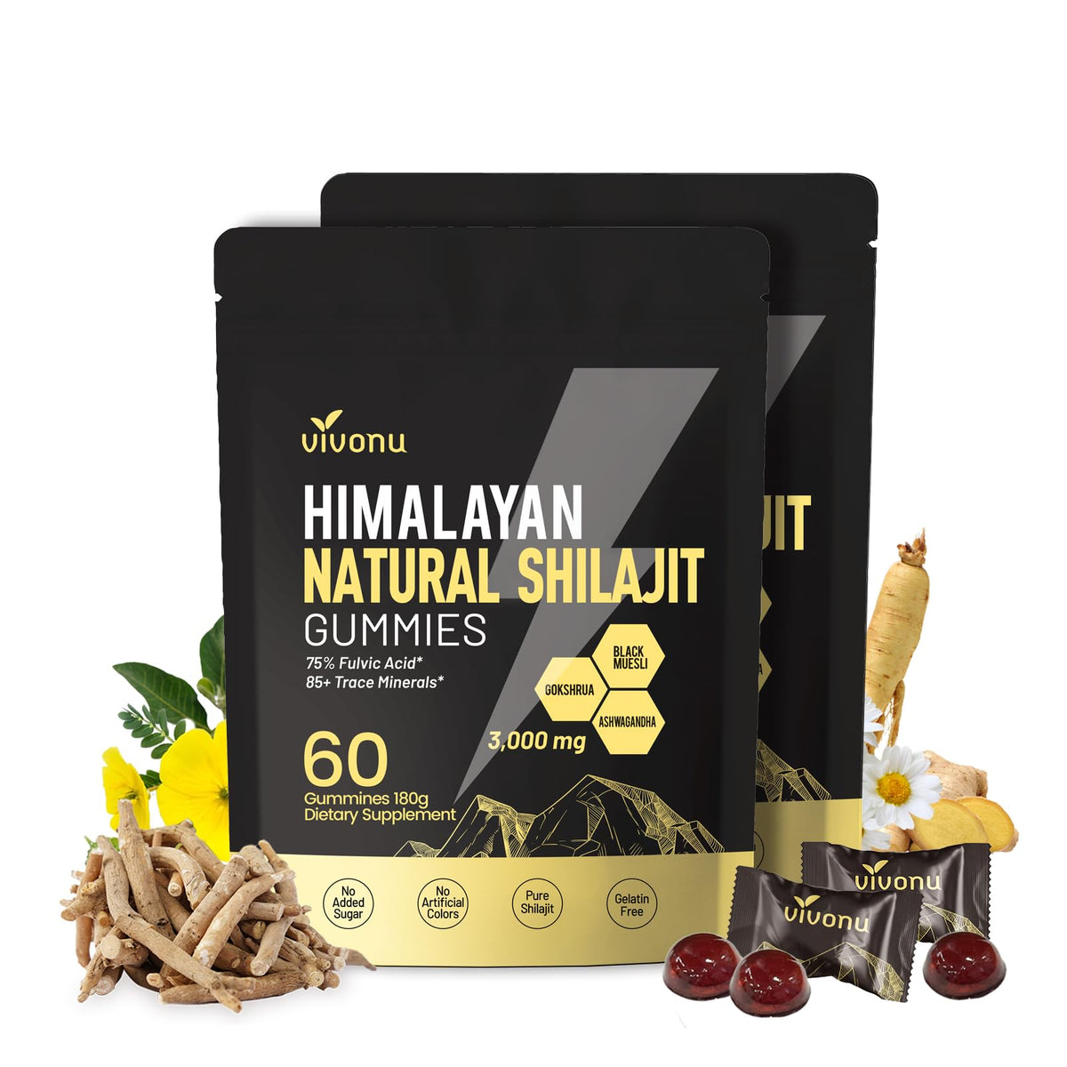 VivoNu Himalayan Shilajit Gummies bottle front showing label and vitality