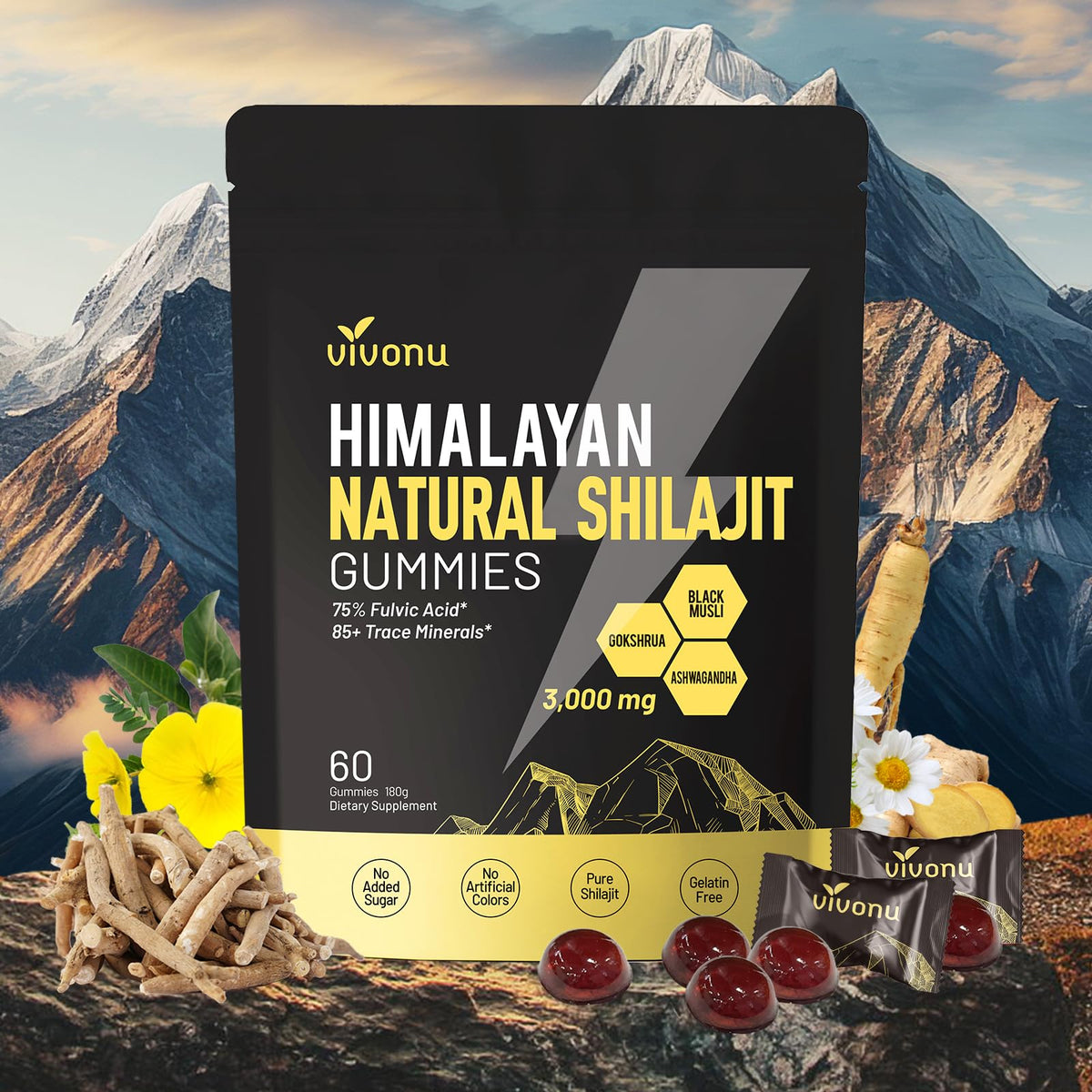 VivoNu Himalayan Shilajit gummies bottle highlighting Himalayan origin and daily energy support