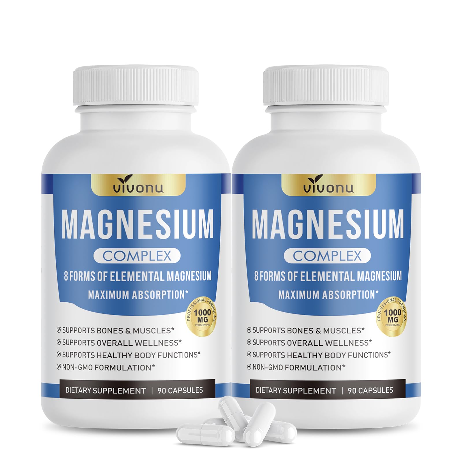 VivoNu Magnesium Complex bottle front highlights 8 magnesium forms for daily support.