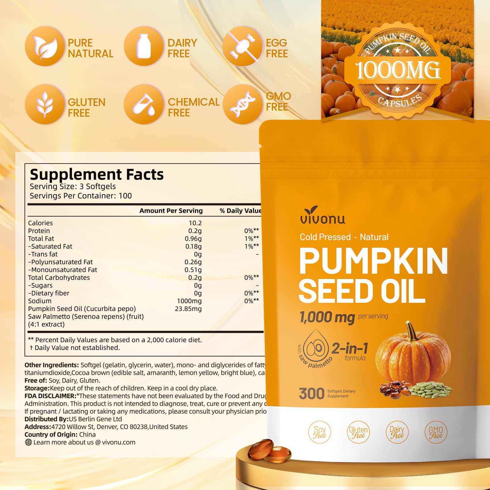 VivoNu omega-6 and omega-9 rich pumpkin seed oil in bottle