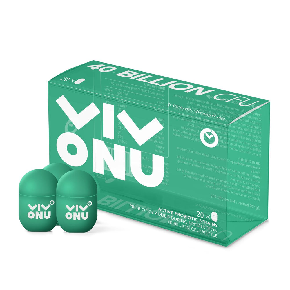 VivoNu Probiotics bottle close-up showing 40B CFU potency for daily support