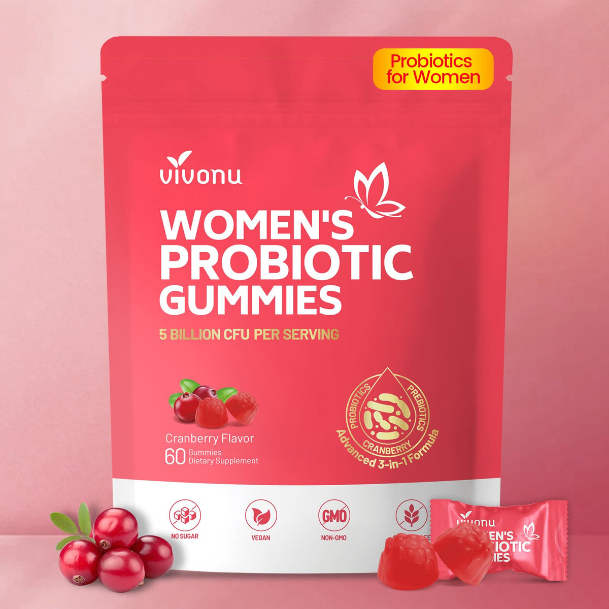 VivoNu Women probiotic bottle shows 5B CFU blend for gut balance.