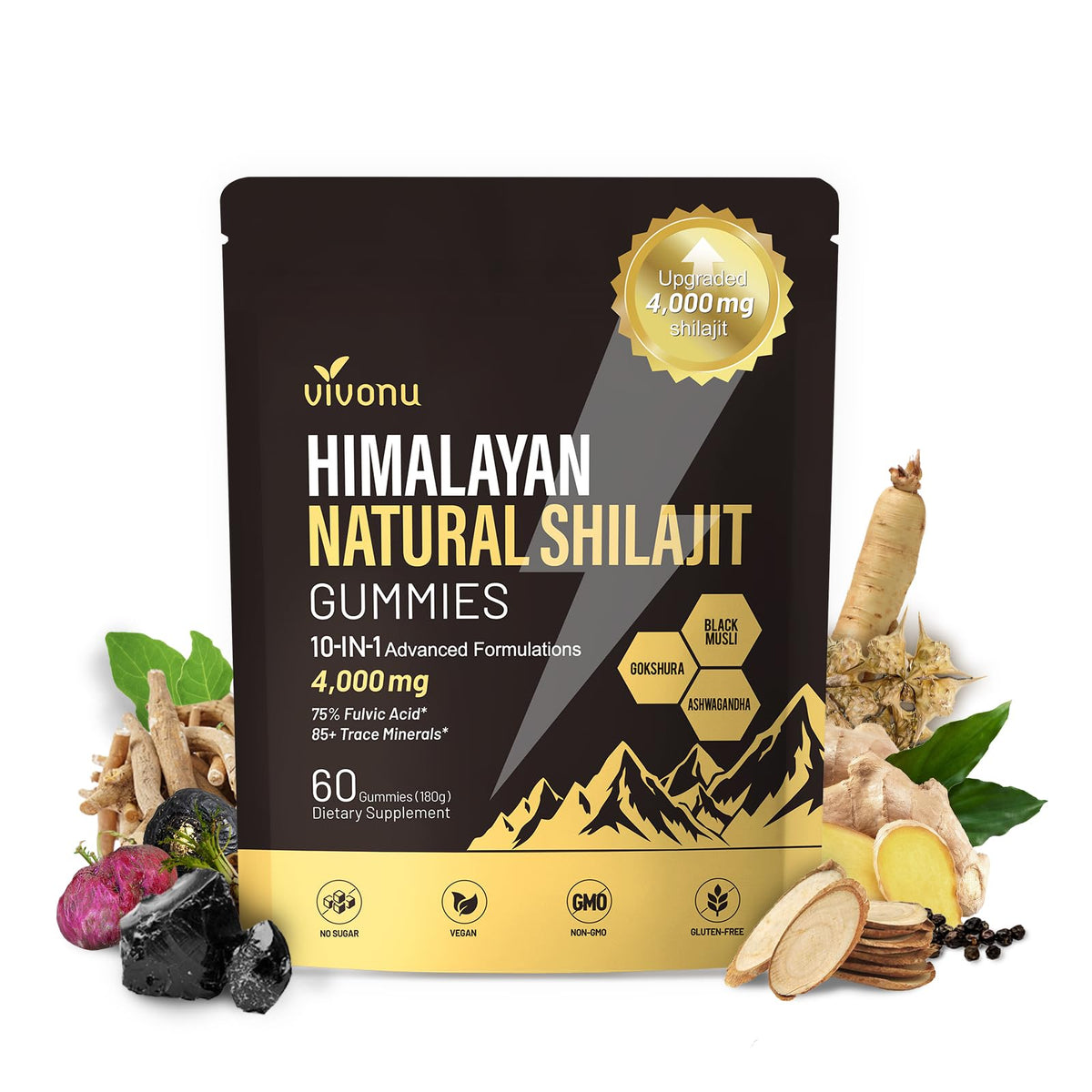 VivoNu Shilajit Gummies packaging highlighting premium, sugar-free vitality support.