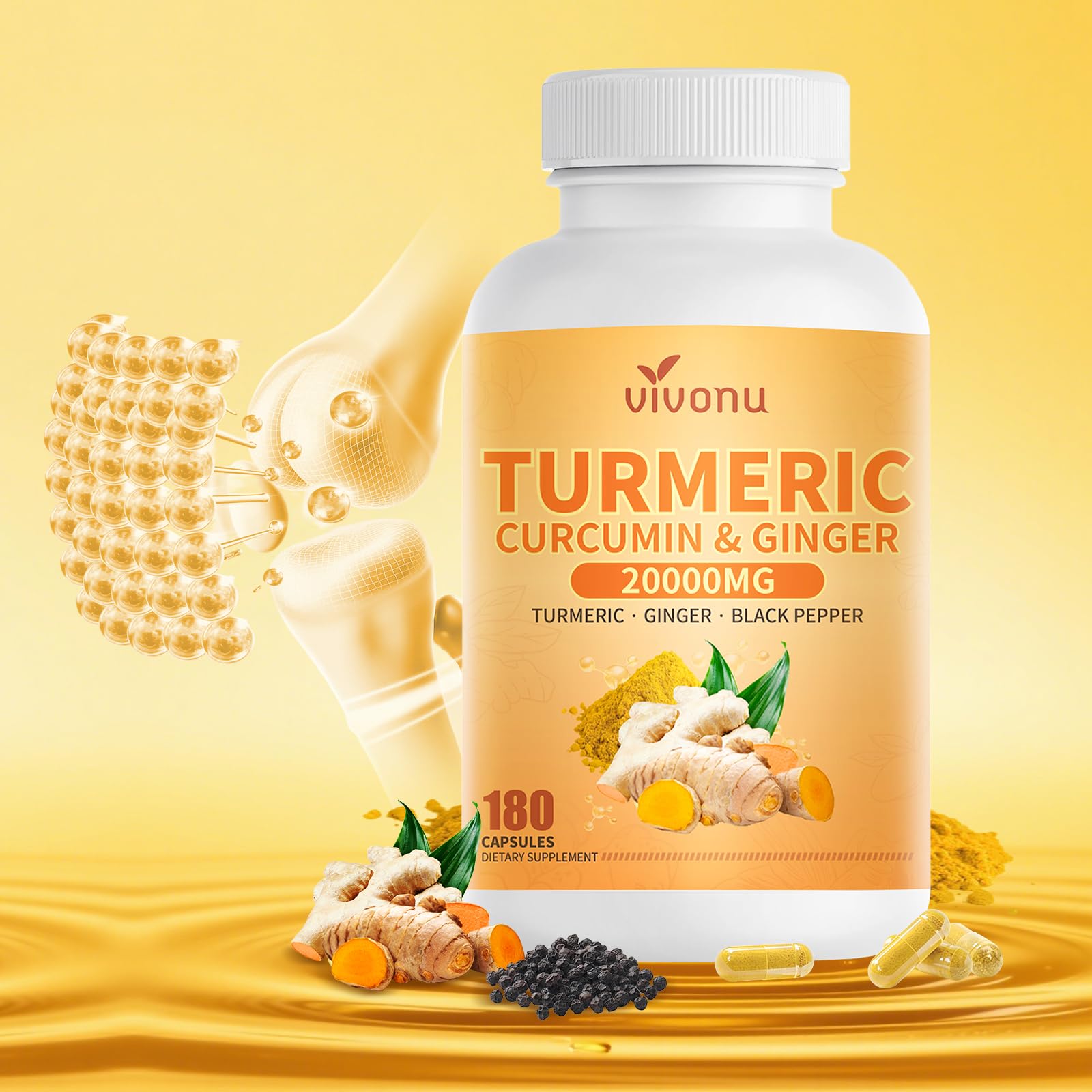 VivoNu Turmeric Curcumin liposome delivery bottle highlighting absorption potential