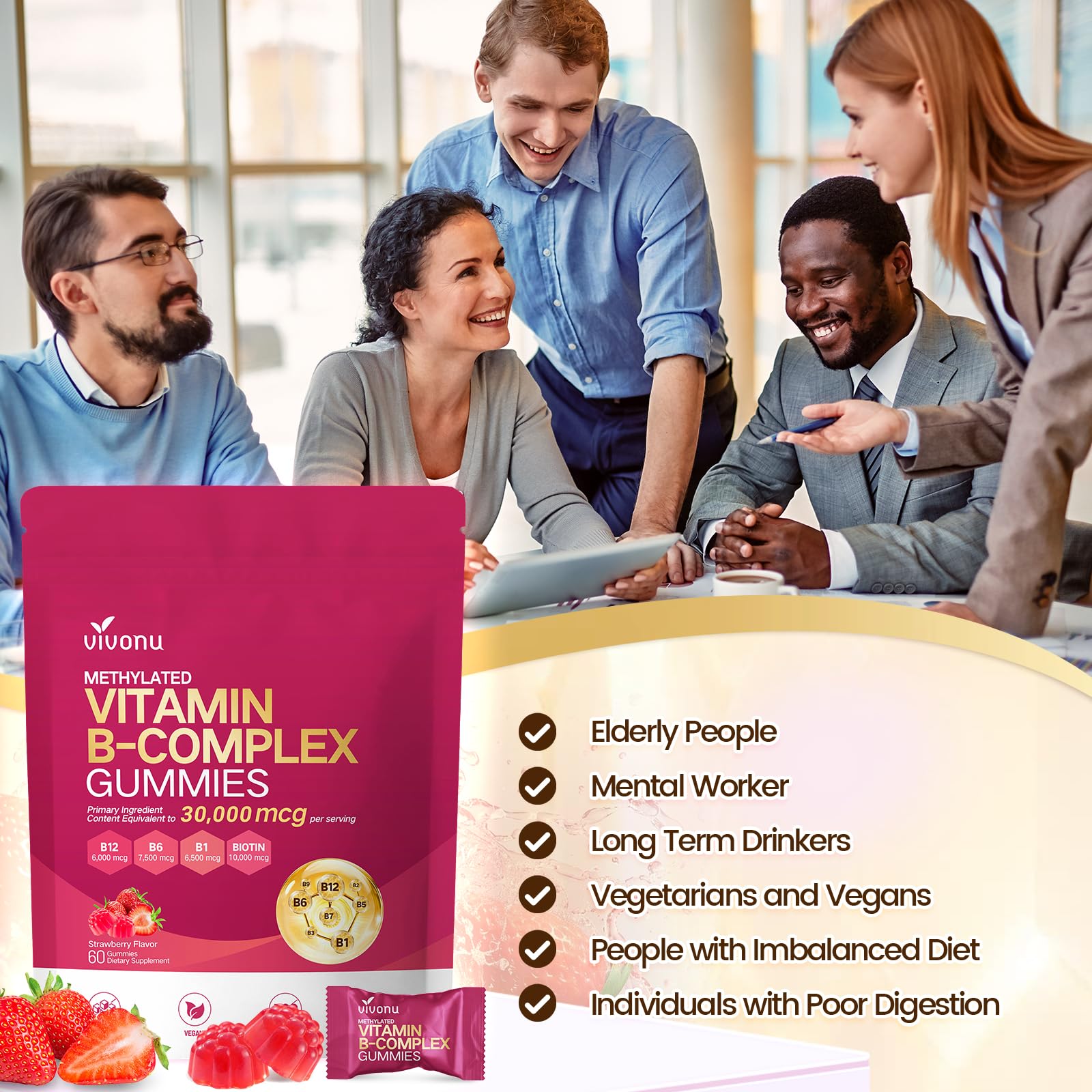 VivoNu vegan, non-GMO strawberry gummies suitable for various diets