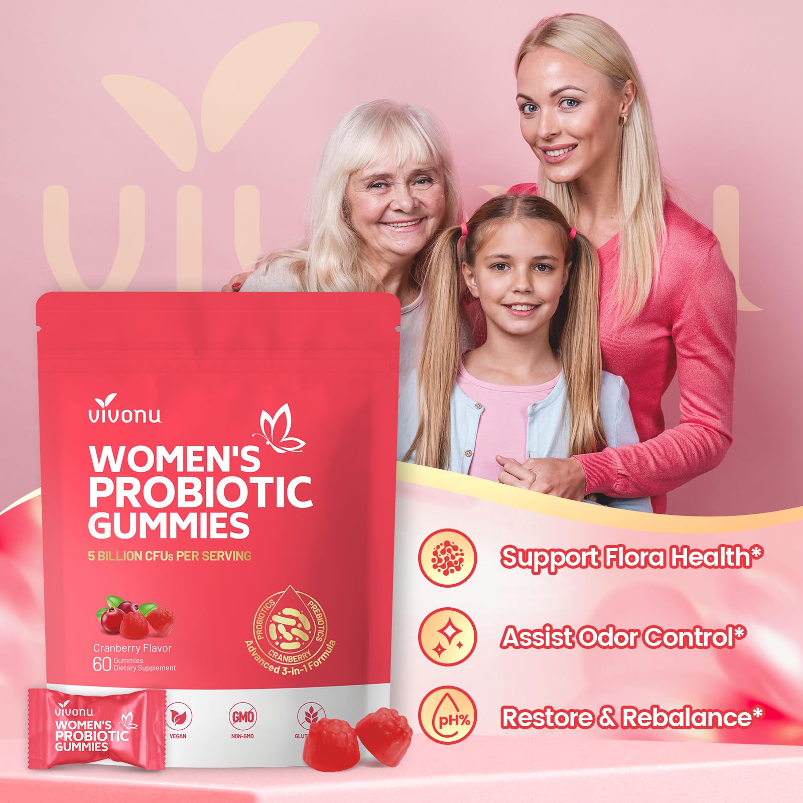 VivoNu Viginal Probiotics label detailing CFU blend and probiotic strains.