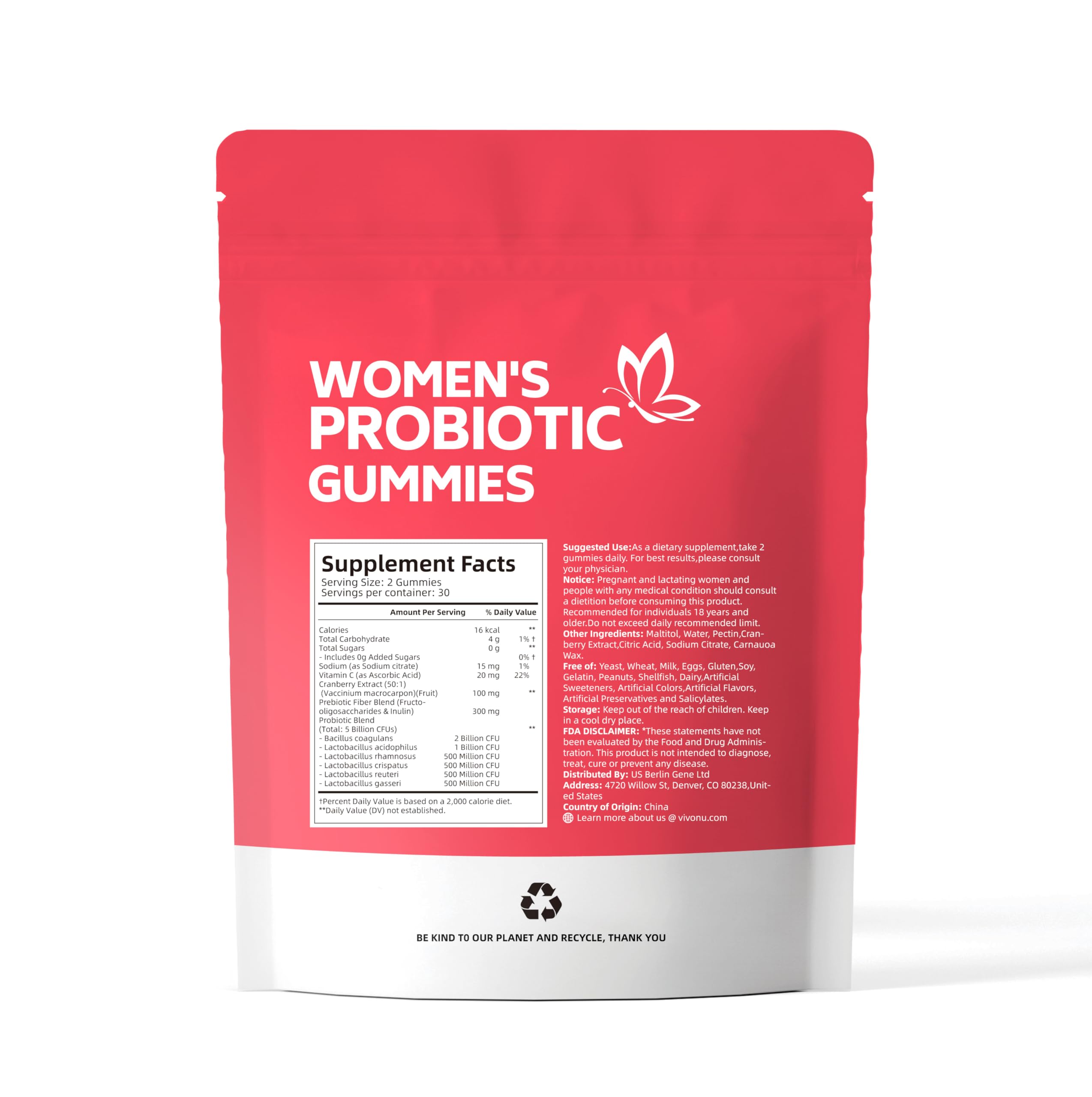 Back-of-pack nutrition panel for VivoNu Viginal Probiotics usage guidance.