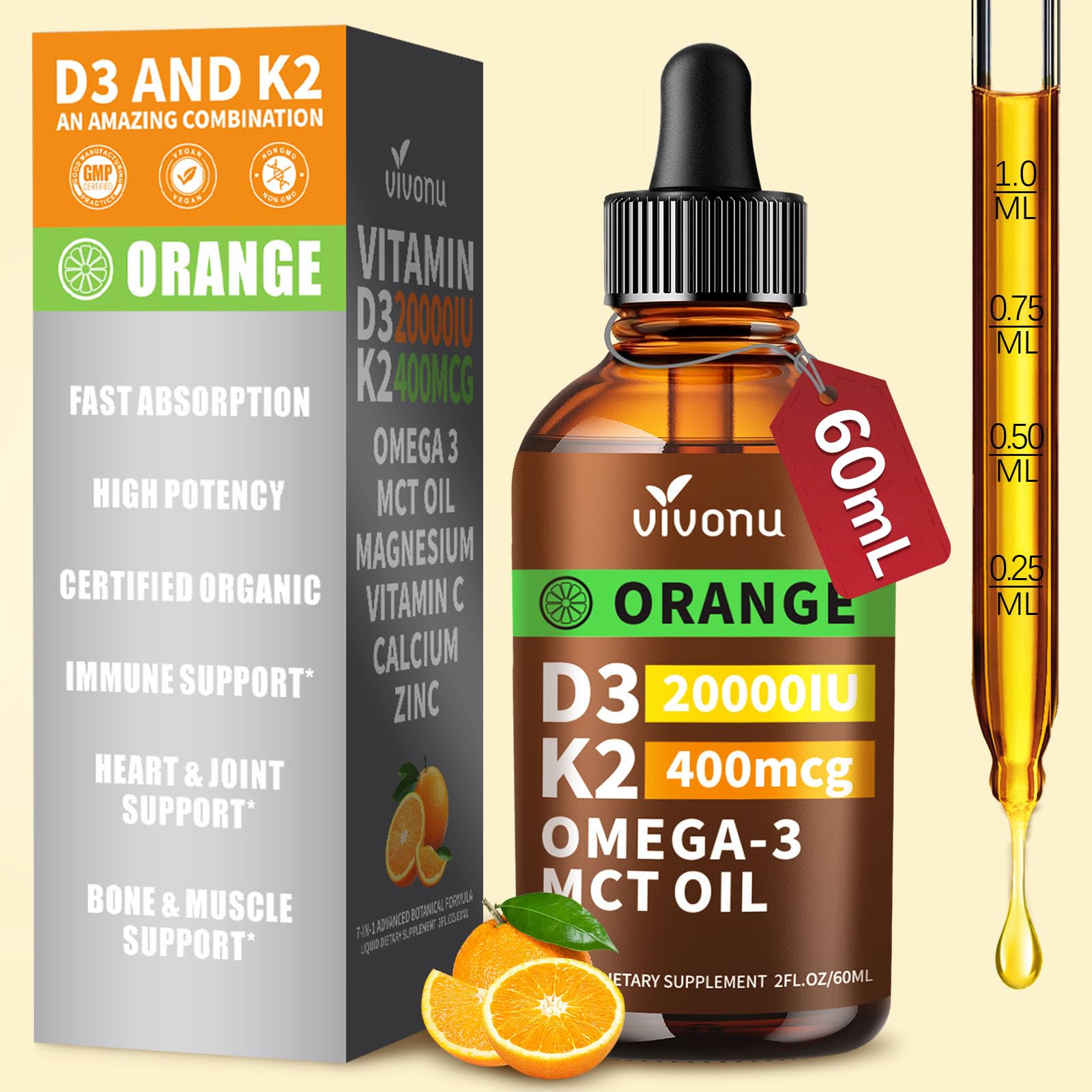 VivoNu Vitamin D3 K2 Drops bottle on shelf for daily immune and bone support.