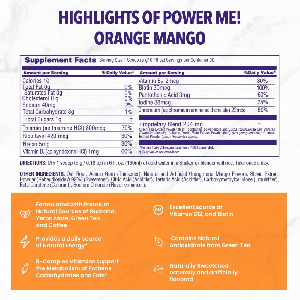 VIVRI PowerMe! orange mango packaging emphasizing vegan and gluten-free formula.