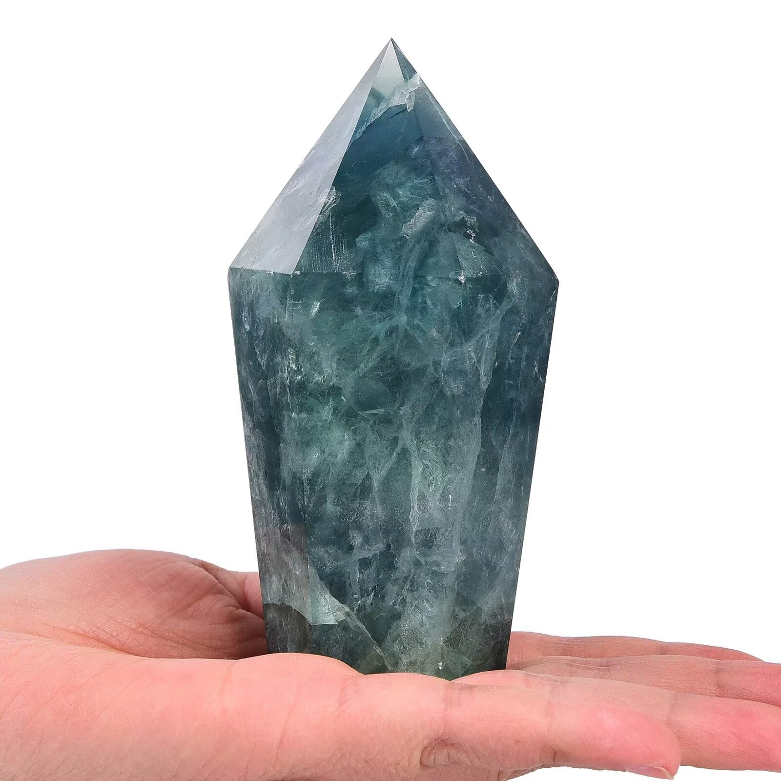 VIZYTOU green fluorite obelisk front view shows color variation for decor.