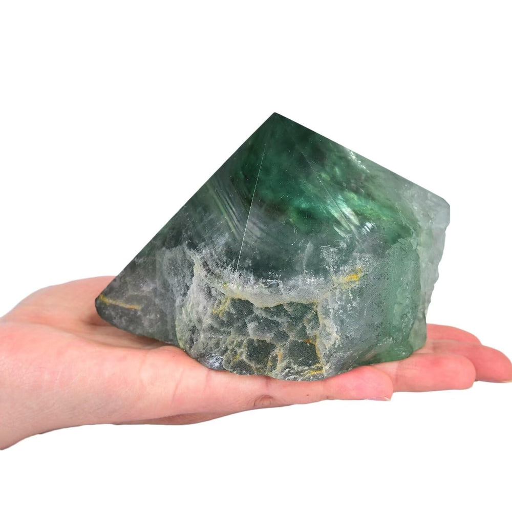 VIZYTOU Green Fluorite wand closeup shows unique color patterns for display.