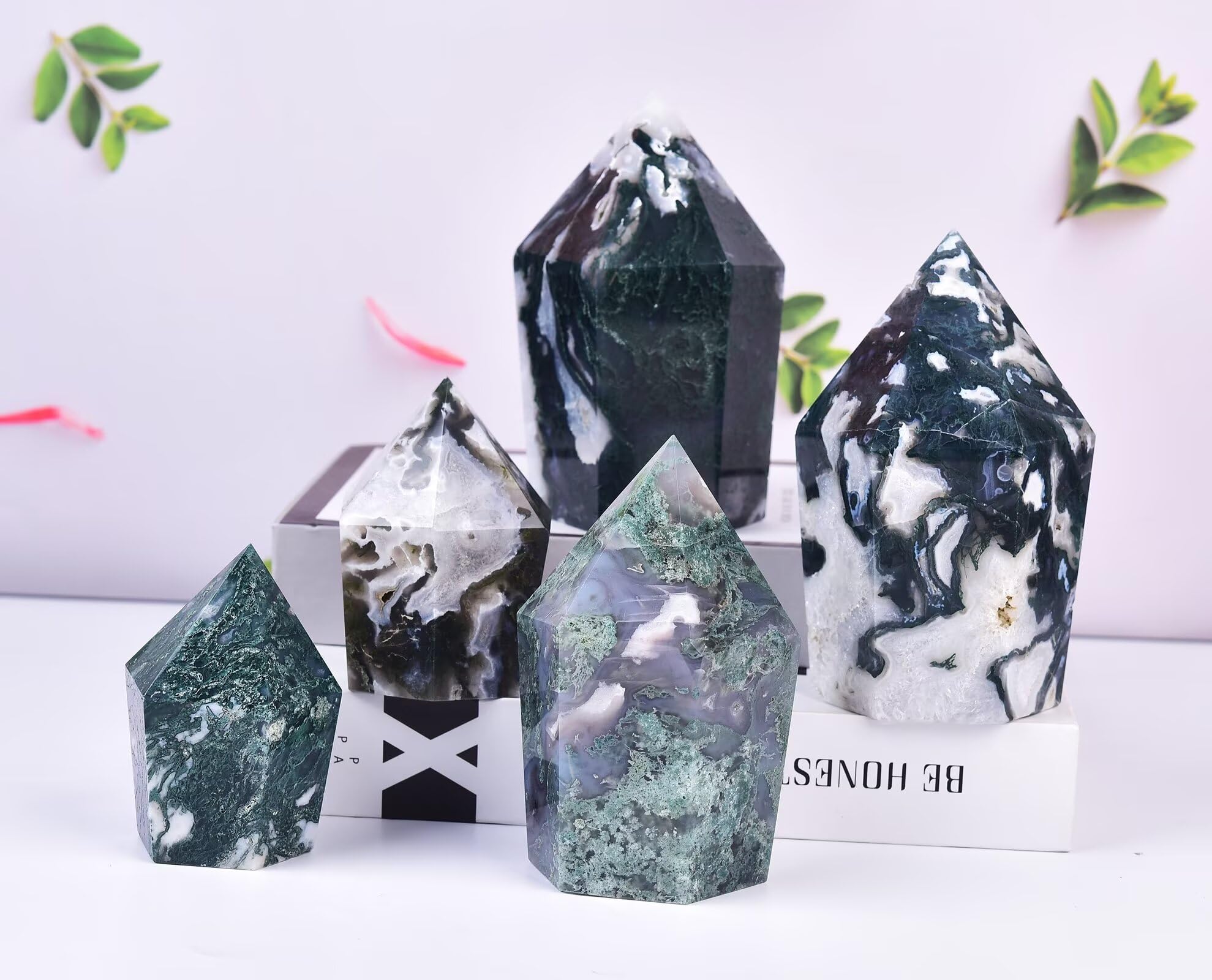 VIZYTOU moss agate obelisk on desk decor and energy focus.
