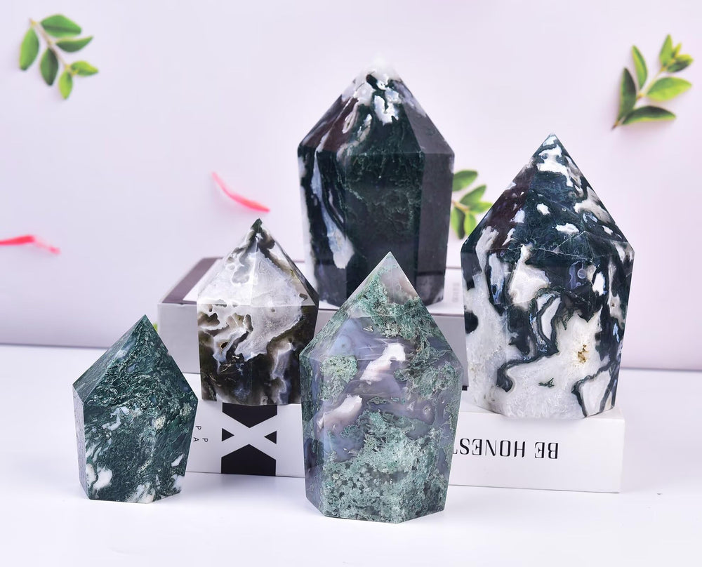 VIZYTOU moss agate obelisk on desk decor and energy focus.