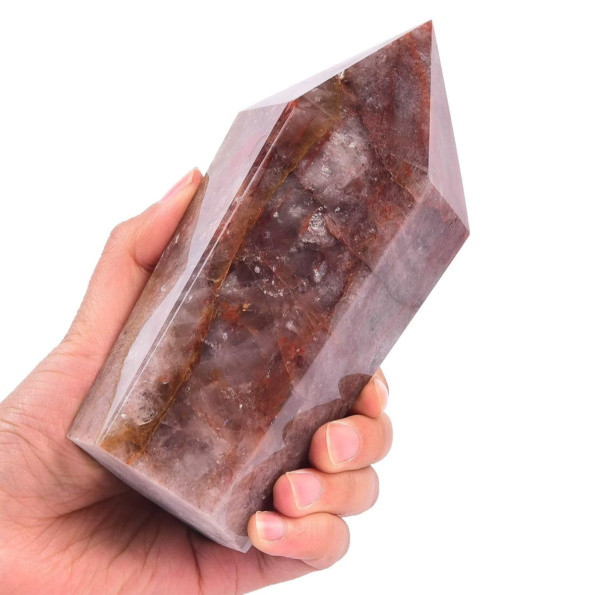 VIZYTOU red hematoid quartz obelisk side view, ideal for meditation spaces and calming energy.