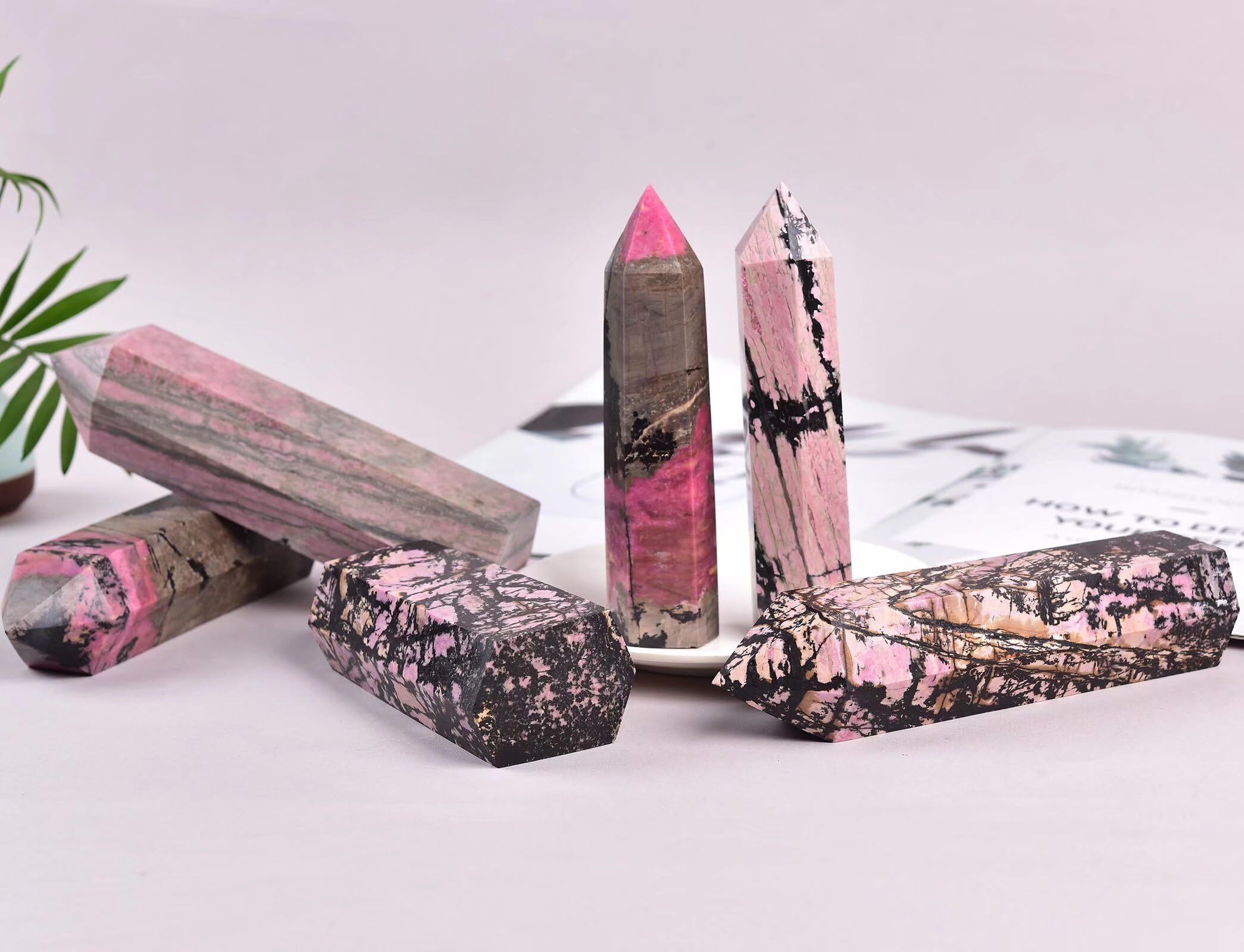 Gift-ready VIZYTOU Rhodonite tower obelisk with natural variation