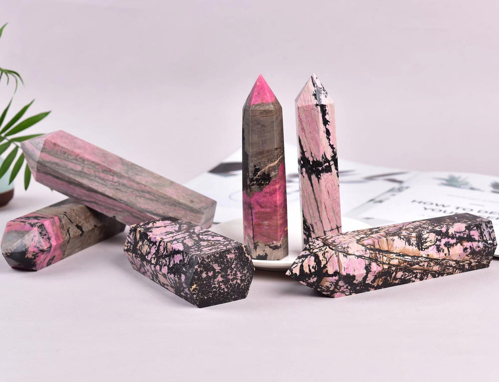 Gift-ready VIZYTOU Rhodonite tower obelisk with natural variation