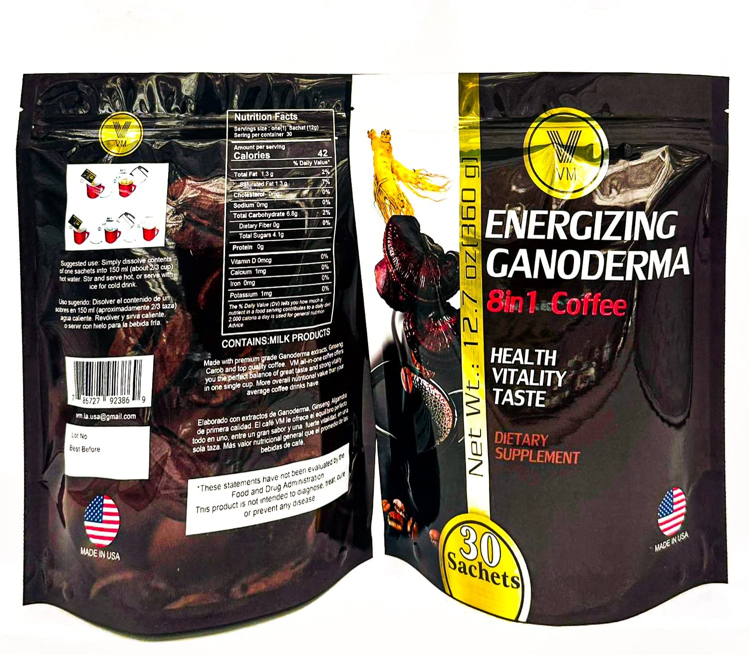VM mushroom coffee sachet dissolves fast in hot water for busy mornings.