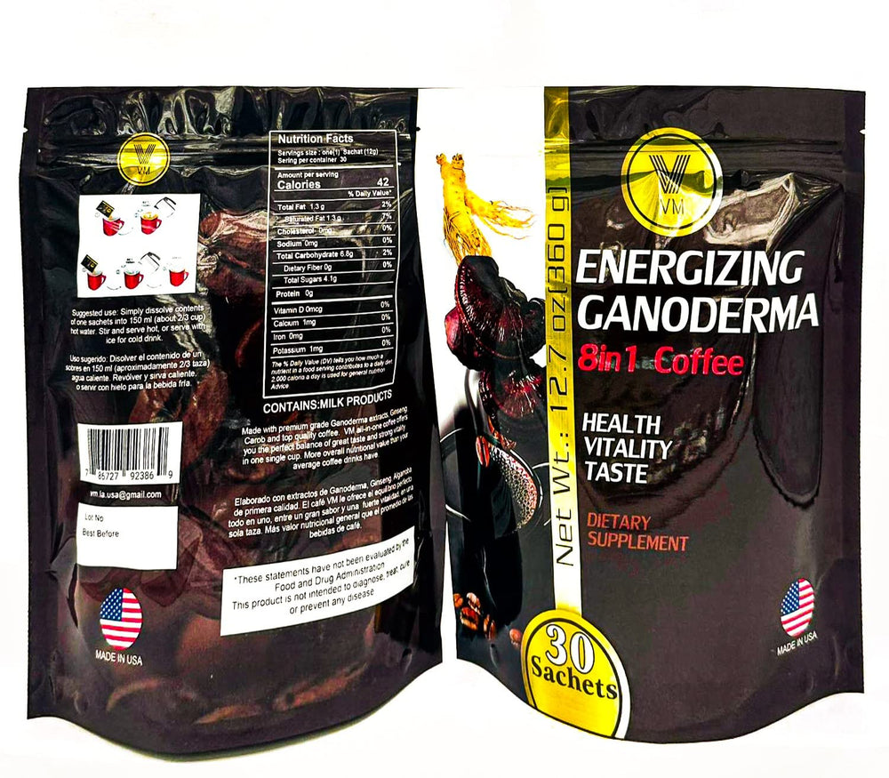 VM mushroom coffee sachet dissolves fast in hot water for busy mornings.