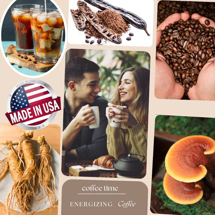 VM Energizing mushroom coffee with reishi for calm energy during late shifts.