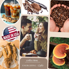 VM Energizing mushroom coffee with reishi for calm energy during late shifts.