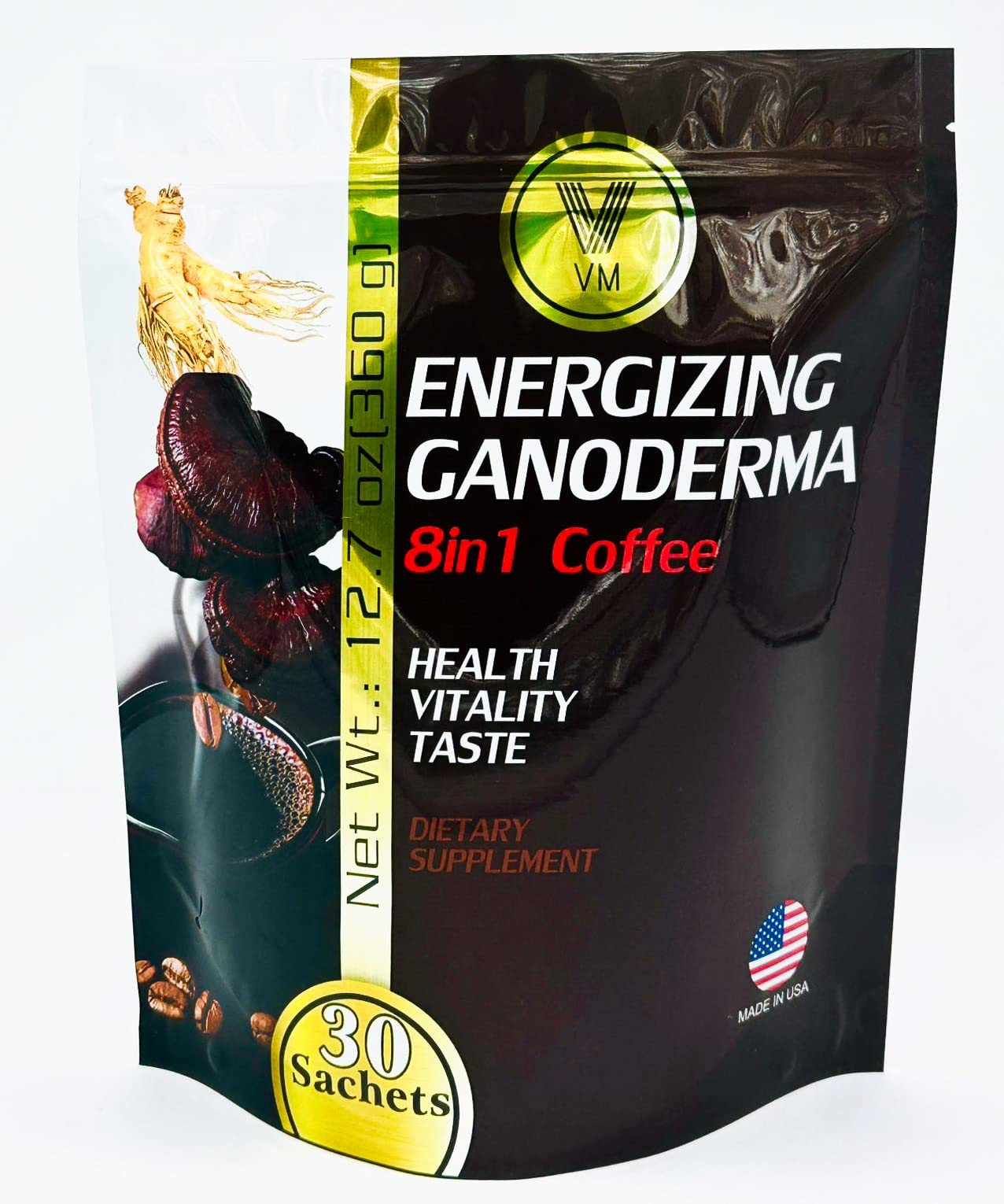 VM Energizing Mushroom Coffee sachet for a quick boost and smooth Colombian Arabica taste.