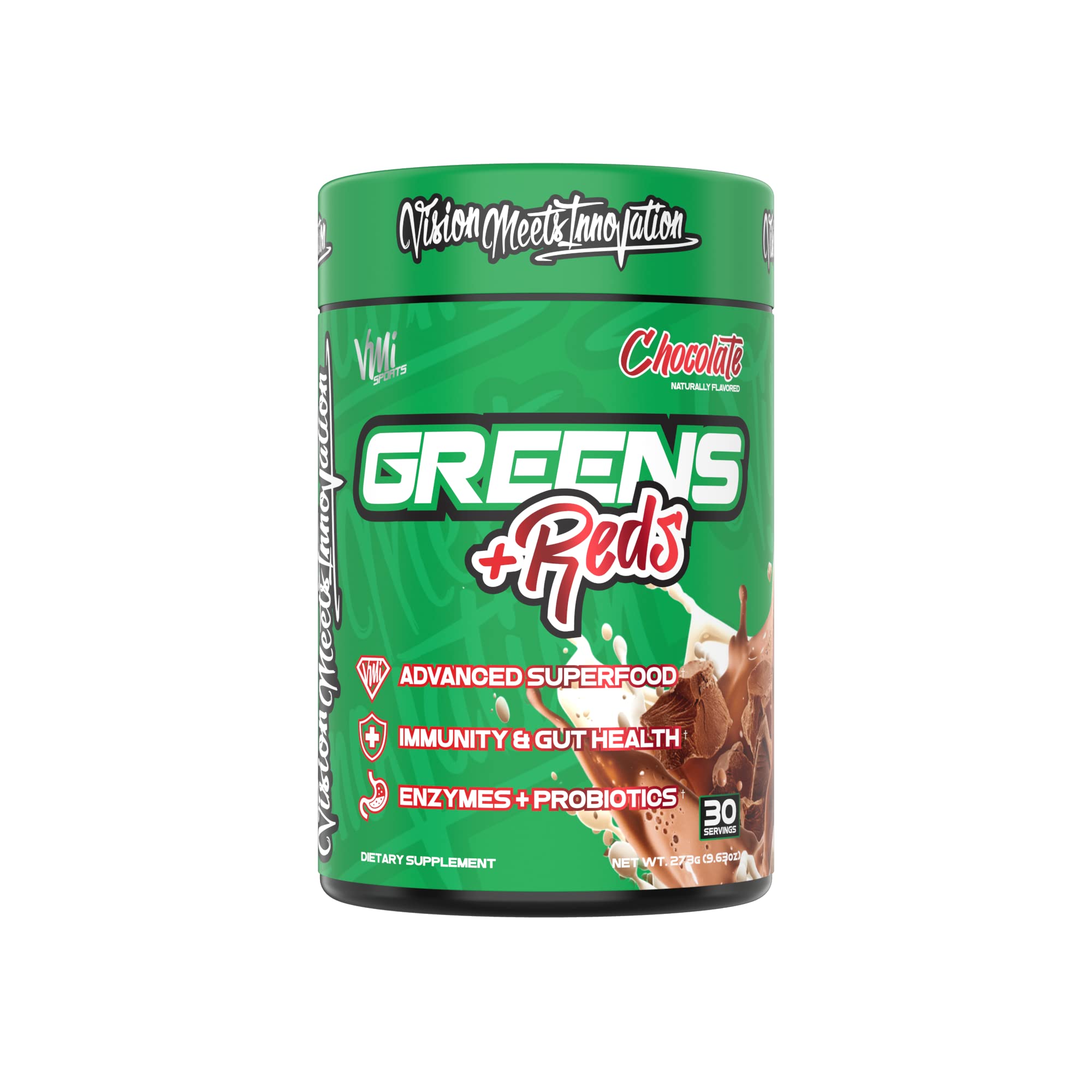 VMI Sports Greens and Reds chocolate powder offers rich flavor plus daily nutrients.