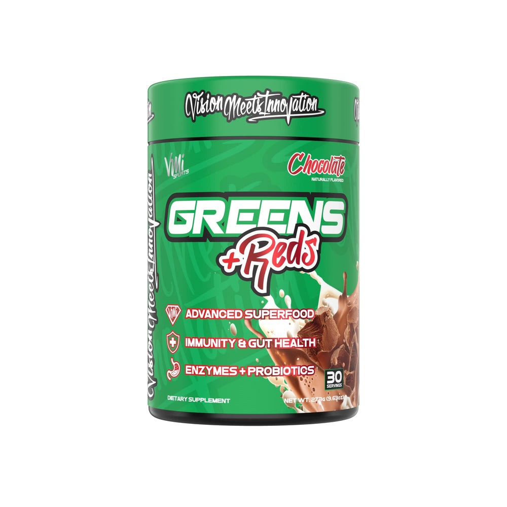 VMI Sports Greens and Reds chocolate powder offers rich flavor plus daily nutrients.