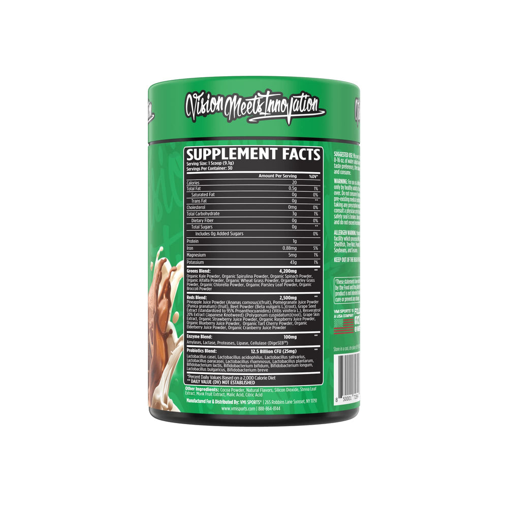 VMI Sports Greens and Reds ingredients label highlights spirulina, spinach, and probiotics.