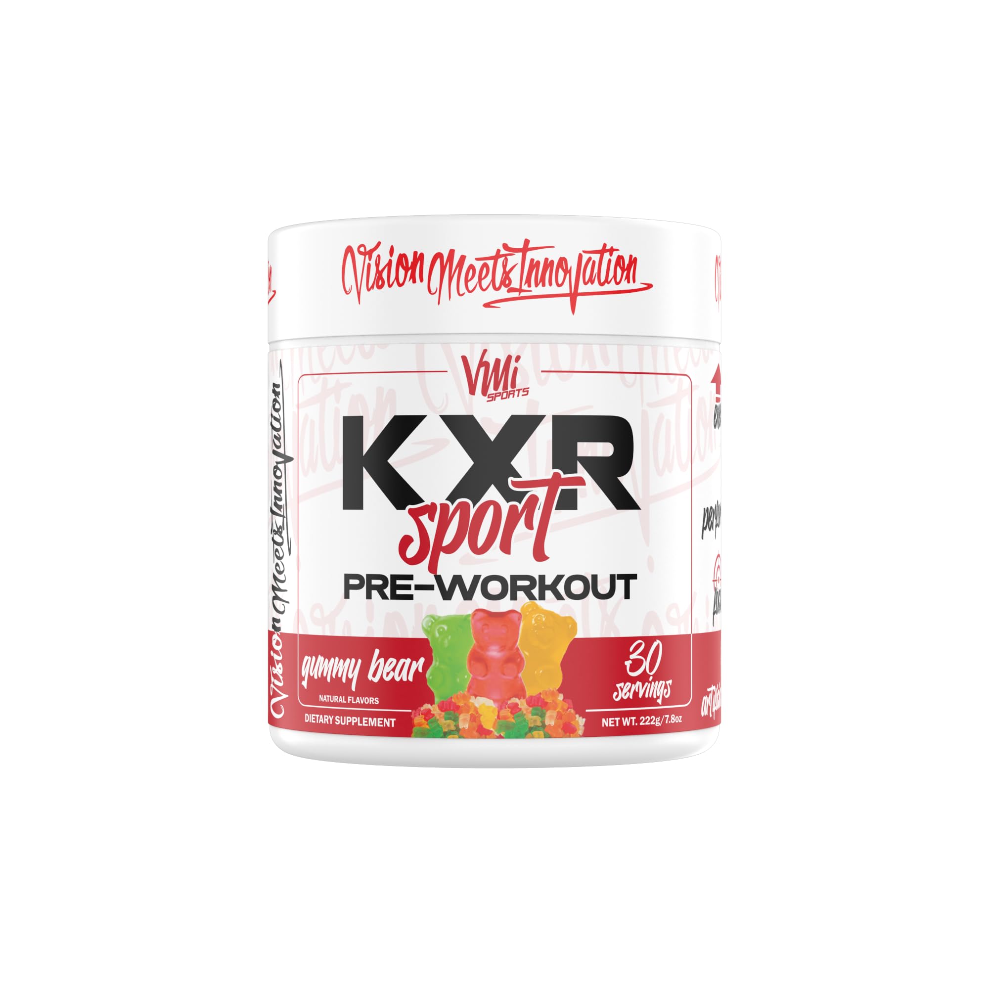 VMI Sports KXR Sport bottle front view shows label and serving size for easy pre-workout use.