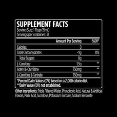 Close-up of VMI Sports L-Carnitine 3000 Liquid label highlighting zero calorie formula