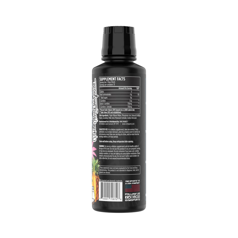 Measuring spoon with VMI Sports L-Carnitine 3000 Liquid illustrating precise 3000 mg servings