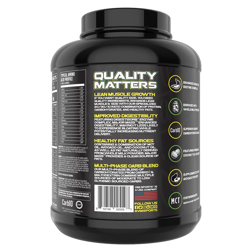 VMI Sports Major Mass four-protein sources for balanced amino acids.