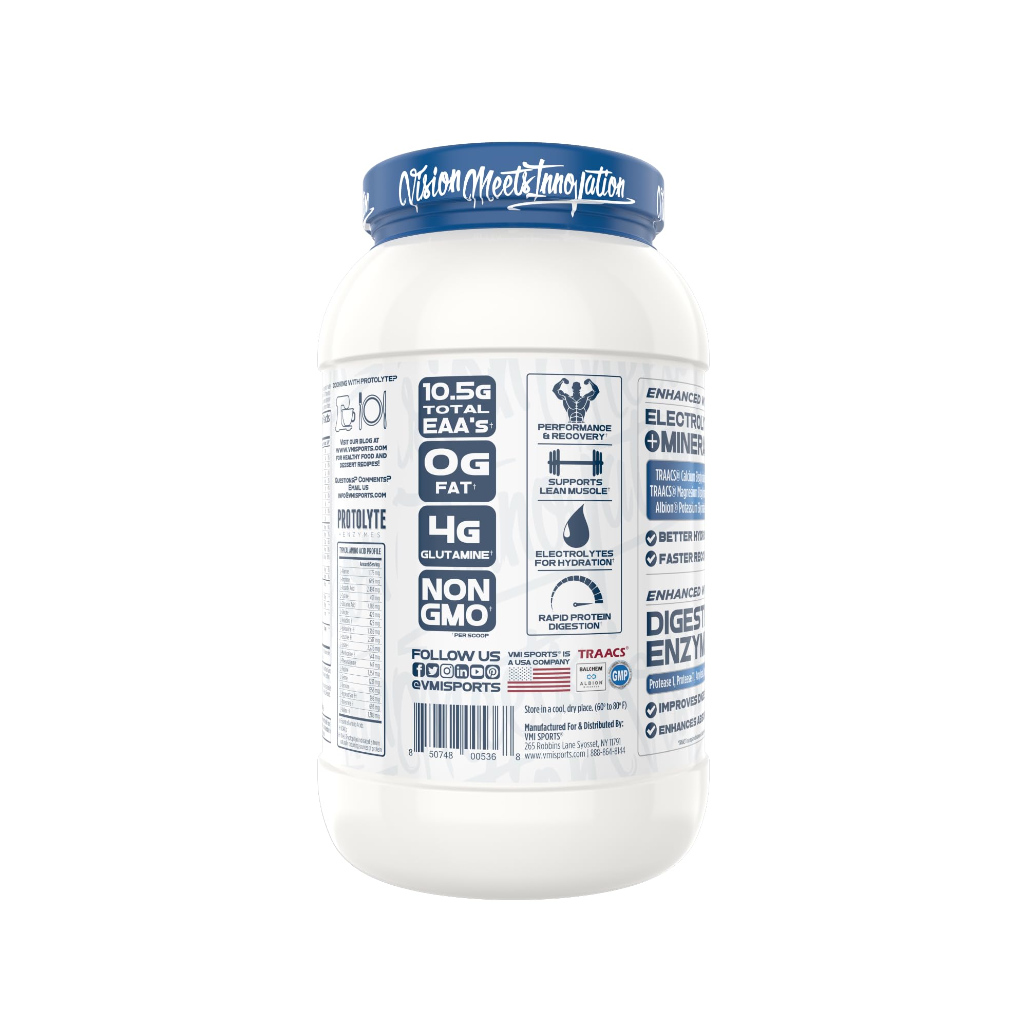 Nutrition panel highlights protein and BCAAs per serving in ProtoLyte label.