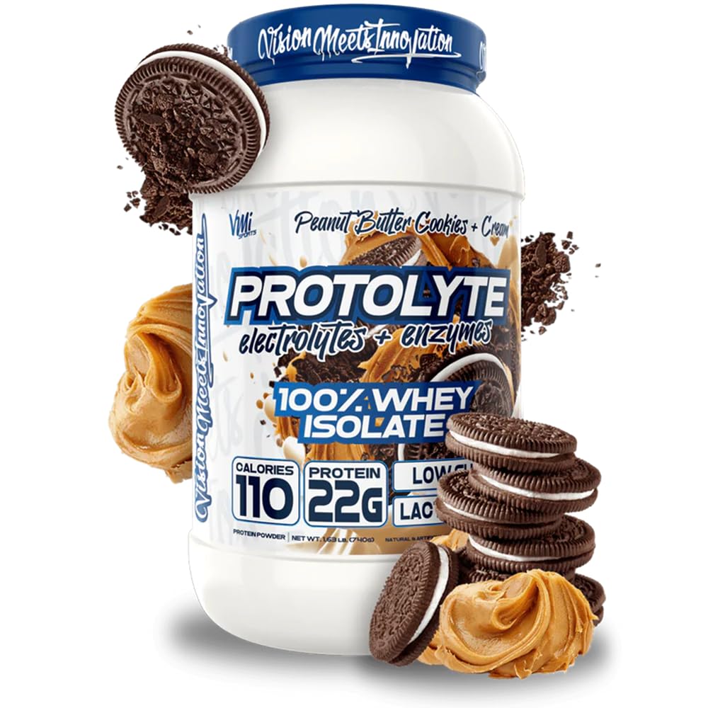 VMI Sports ProtoLyte Whey Isolate tub front indicating high-protein, non-GMO formula for lean muscle support