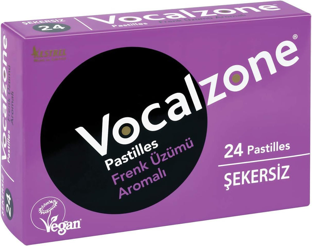 Vocalzone throat pastilles 24-pack open in hand for on-the-go use.