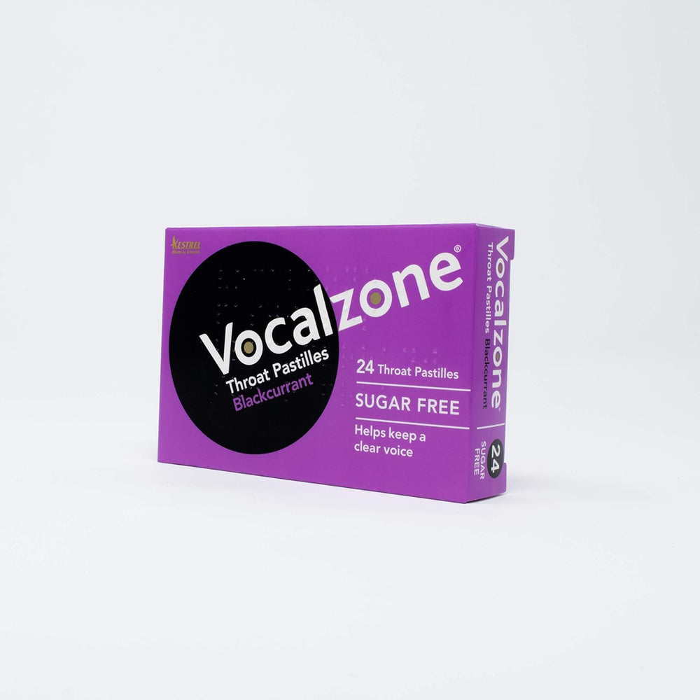 Vocalzone throat pastilles blackcurrant display on surface suggesting everyday throat care.