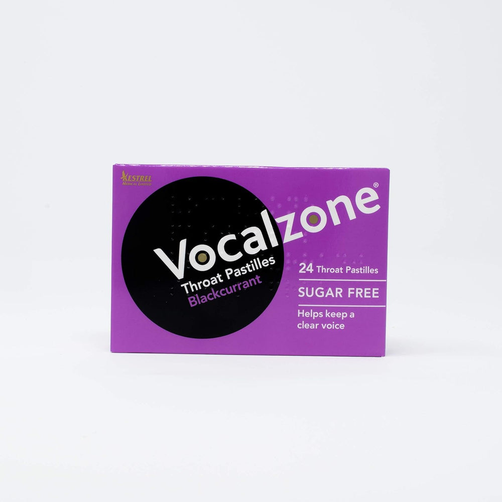 Vocalzone throat pastilles blackcurrant lozenge closeup for quick throat comfort.