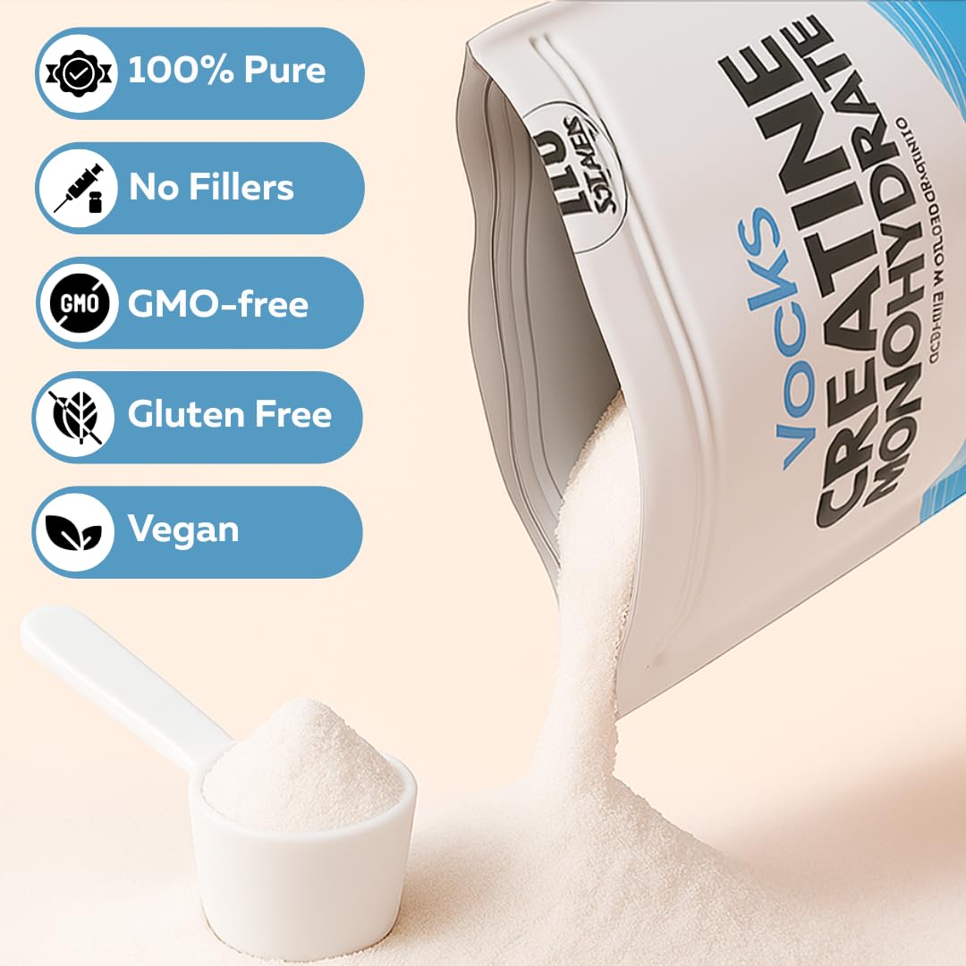 Unflavored Vocks creatine powder blends easily into beverages.