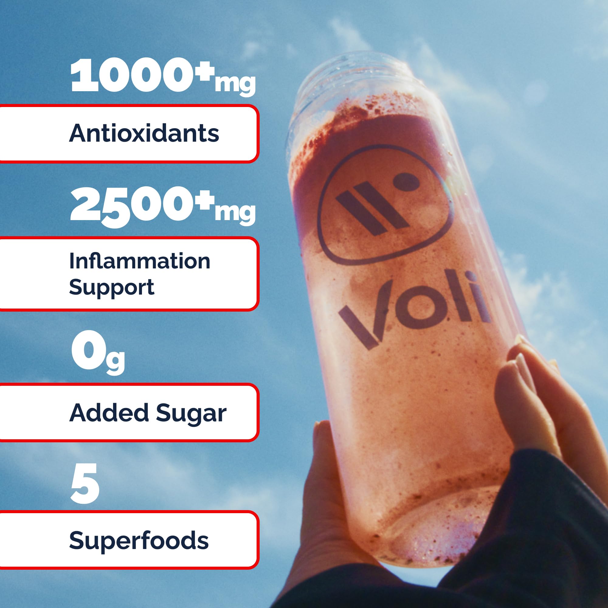 Voli Recovery label shows tart cherry and pomegranate antioxidants
