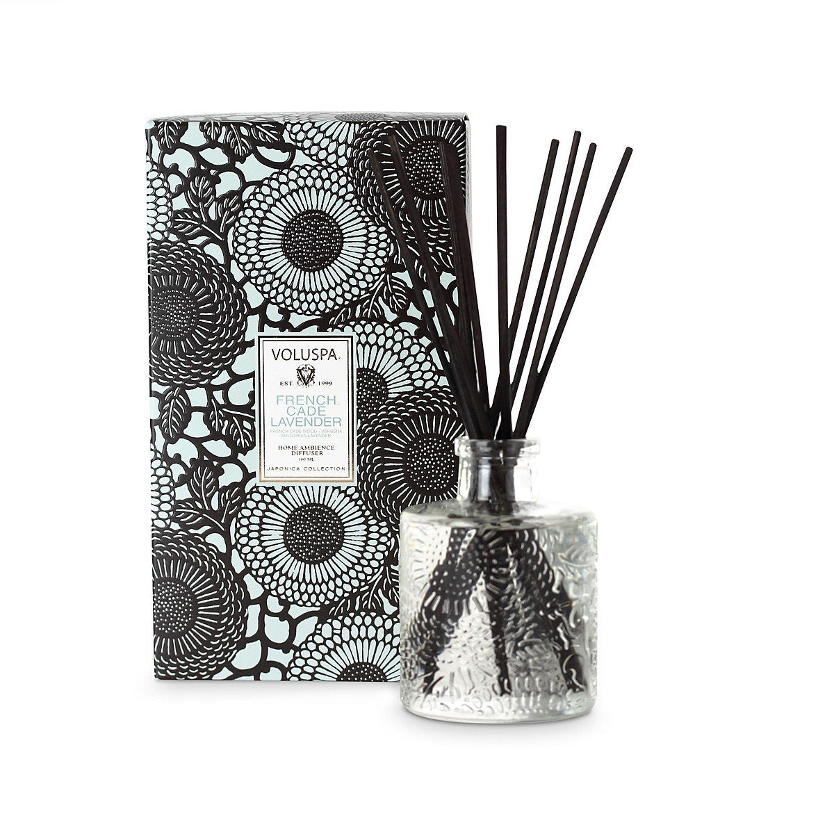 Voluspa French Cade & Lavender diffuser with embossed glass jar for long-lasting home scent