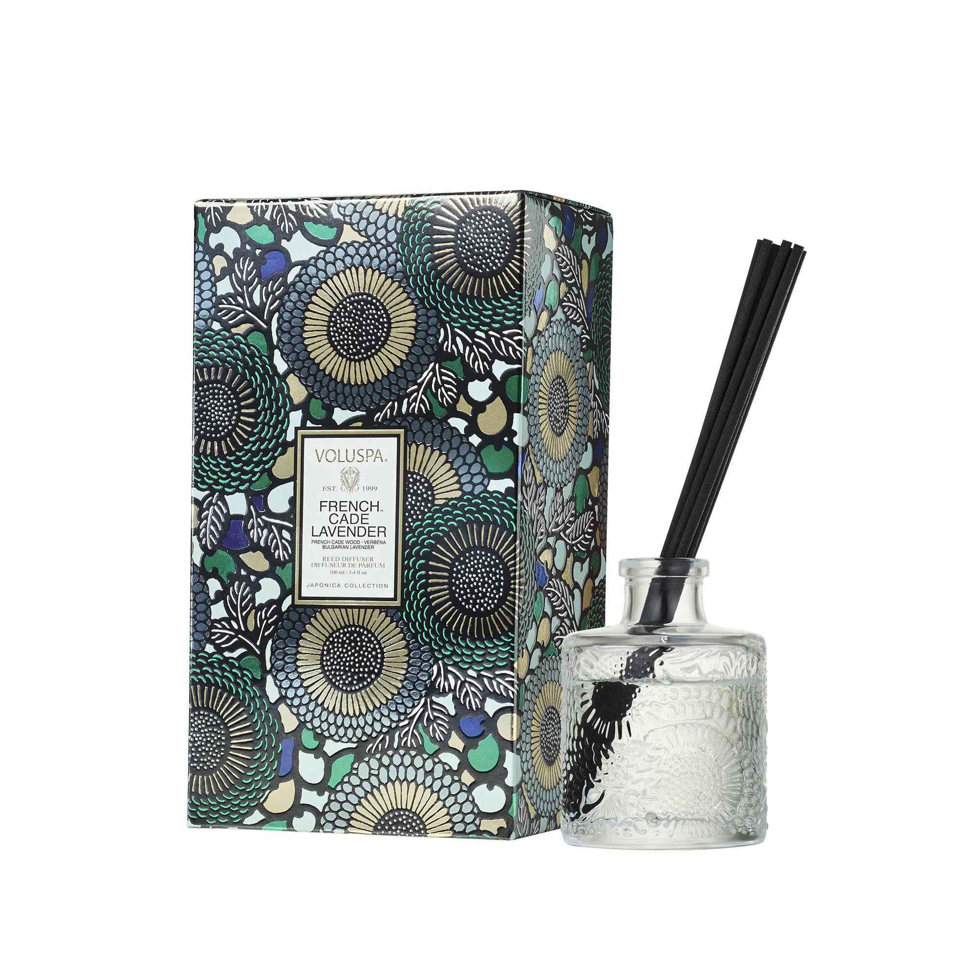 Voluspa French Cade Lavender diffuser in a glass vessel adds calm to your living space
