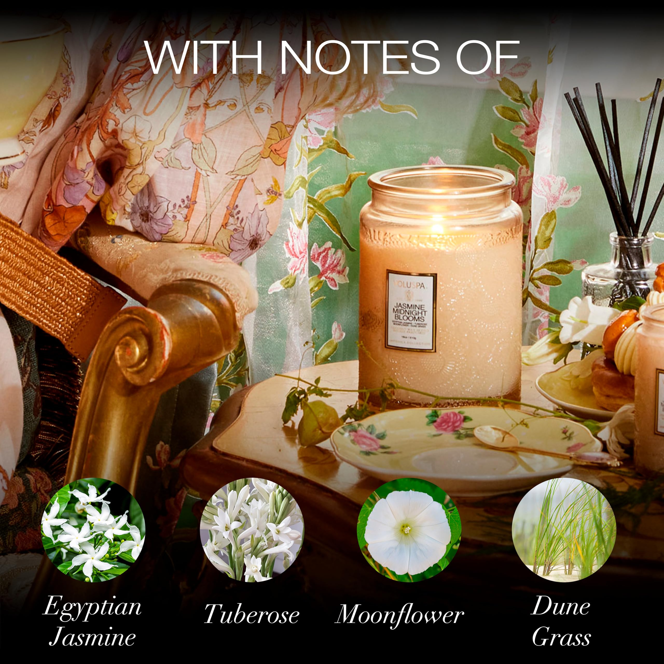 Voluspa Japonica Jasmine Midnight Blooms label detail showing premium craftsmanship