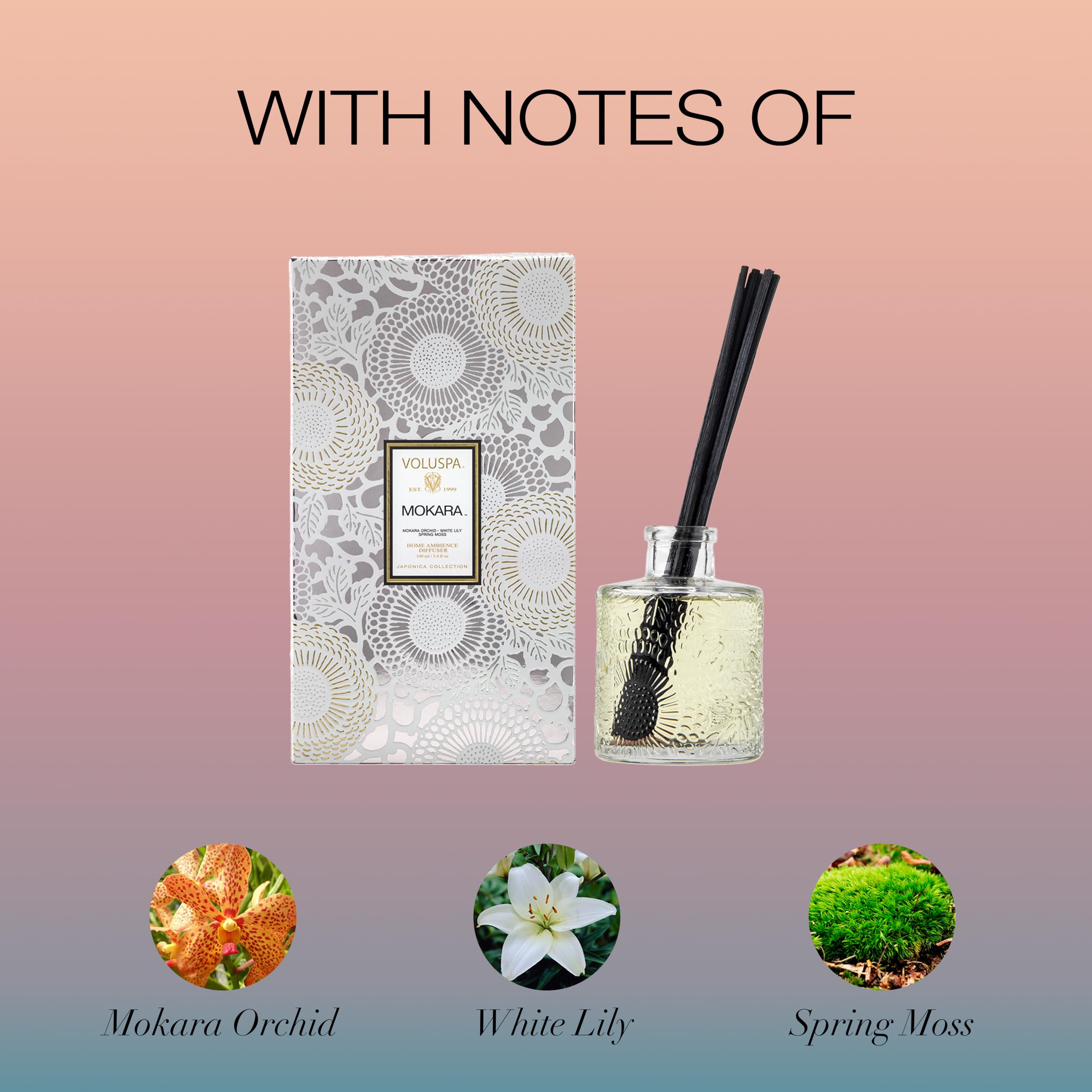 Voluspa Mokara reed bundle diffuses orchid notes for a serene home