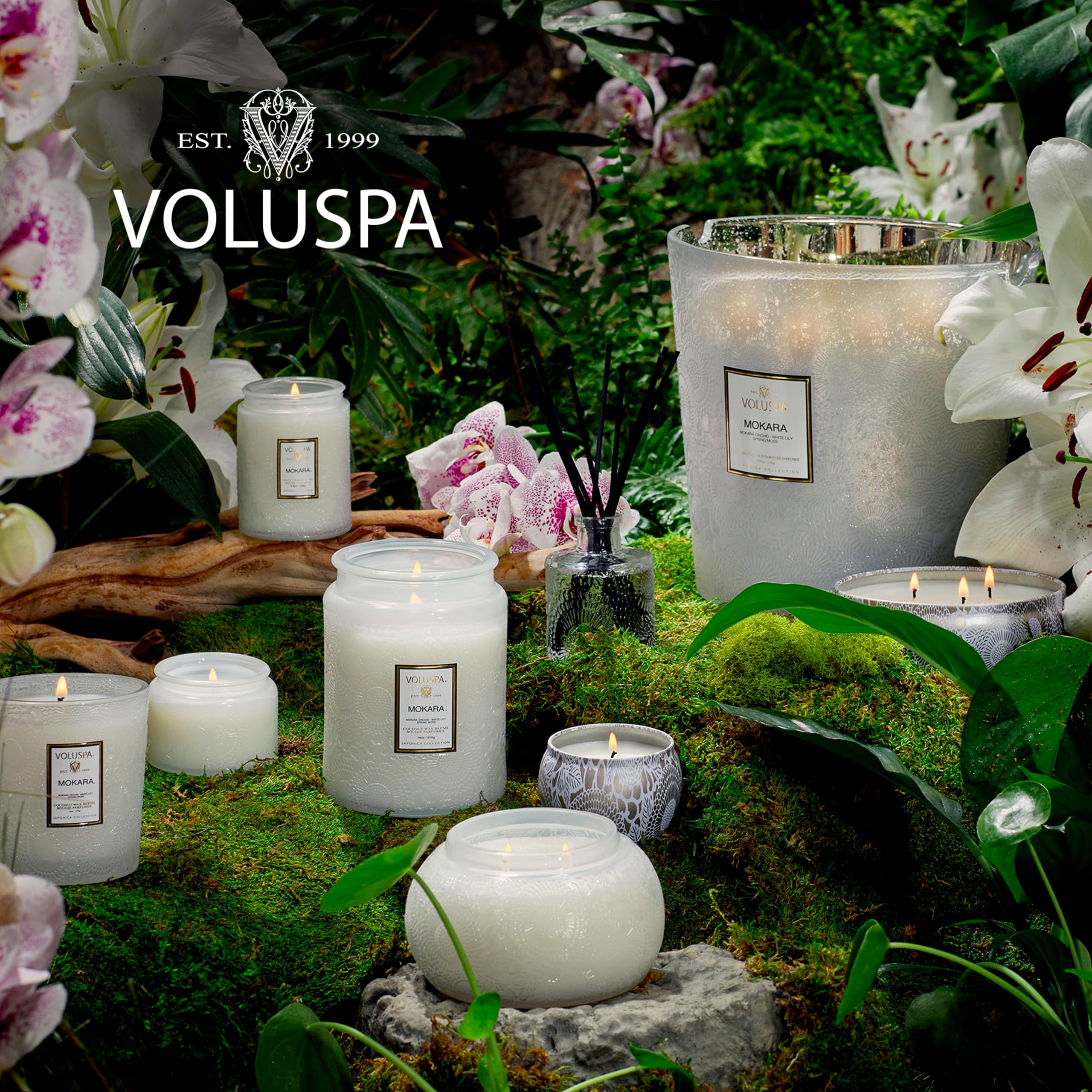 Voluspa Mokara scent notes mix orchid, lily, and moss for mood uplift
