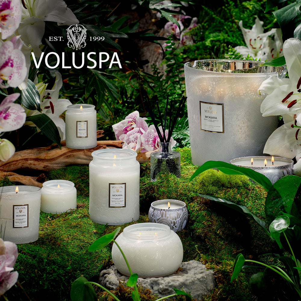 Voluspa Mokara scent notes mix orchid, lily, and moss for mood uplift
